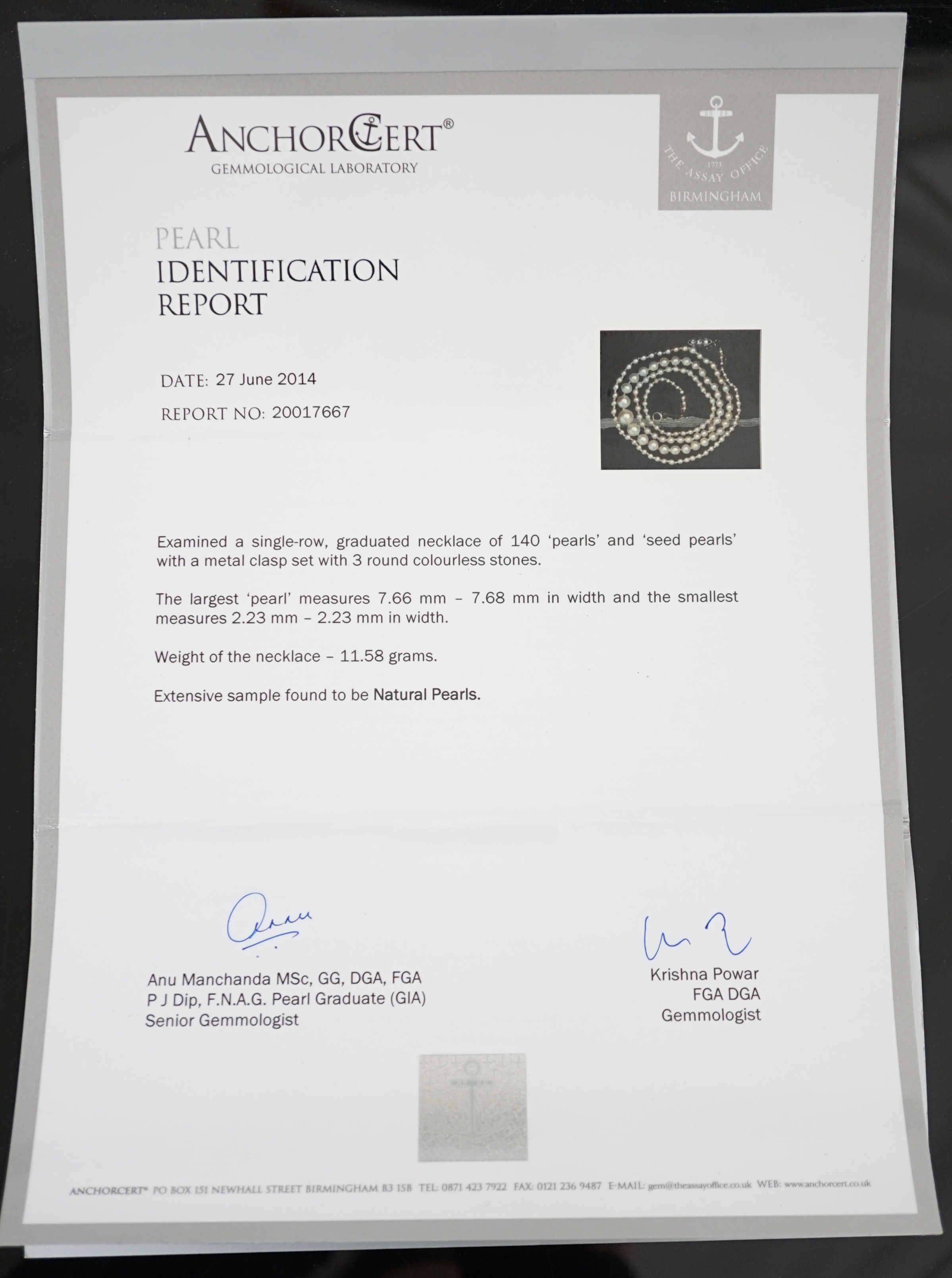 An early 20th century single strand graduated natural pearl and seed pearl necklace, with three stone diamond set clasp and Anchor Cert report dated 27/6/2014 stating an extensive sample to be natural pearls